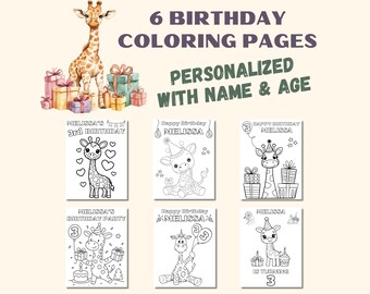 May include: A collection of six birthday coloring pages featuring a giraffe theme. The pages are personalized with a name and age. The image includes a watercolor giraffe, gift boxes, and the text "6 BIRTHDAY COLORING PAGES PERSONALIZED WITH NAME & AGE."