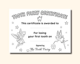 Tooth Fairy First Lost Tooth Certificate to Color (PDF)