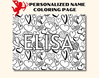 May include: A black and white coloring page with the name "ELISA" in large block letters, surrounded by various heart shapes. The words "PERSONALIZED NAME COLORING PAGE" are at the top, with a red Cupid illustration.