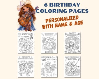 May include: A set of 6 birthday coloring pages featuring a cowgirl theme, personalized with the name Sophia and age 3. The text reads 6 BIRTHDAY COLORING PAGES PERSONALIZED WITH NAME & AGE, SOPHIA IS TURNING 3, HAPPY 3RD BIRTHDAY, and SOPHIA'S BIRTHDAY PARTY.