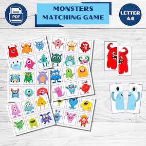 Jeu d'association sur les monstres pour enfants, Activité d'association sur les monstres, Jeu avec des monstres imprimables, PDF