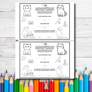 2 Katzen-Adoptionsurkunden zum Ausmalen, druckbare Malseiten, Kätzchen-Party, Adoptionsurkunde zum Ausmalen, sofort download, nicht bearbeitbar