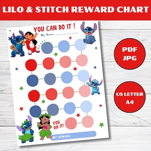 Tabella delle ricompense di Lilo & Stitch, Tabella delle ricompense stampabile, Tabella delle routine per bambini, Tabella delle faccende quotidiane, Tabella delle ricompense per bambini, Tabella degli adesivi, Tabella del comportamento