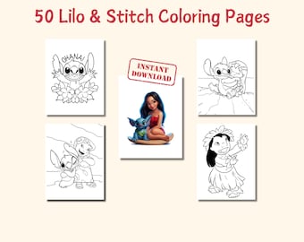 Könnte beinhalten: Eine Sammlung von fünf Lilo & Stitch Malvorlagen. Die Seiten zeigen Strichzeichnungen von Stitch, Lilo und anderen Charakteren aus dem Animationsfilm. Eine Seite hat den Text "OHANA!" und eine andere den Text "INSTANT DOWNLOAD".