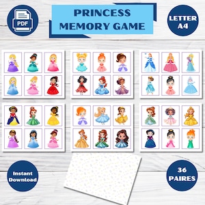 May include: A Princess Memory Game printable featuring illustrated princesses in colourful dresses. The game includes 36 pairs of cards, a PDF download, and is sized for A4 paper. The game is designed for children.