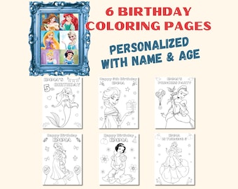 May include: Six birthday coloring pages featuring various princess characters, personalized with the name Emma and the age 5. The set includes black and white line art illustrations of characters like a mermaid, Elsa, and Snow White for coloring.