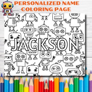 1 Customizable Name Coloring Page, Robot Coloring, Personalize coloring sheet, Name coloring page, Kids activities printable