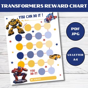 Peut inclure: Un tableau de récompenses Transformers imprimable avec un robot jaune, un robot rouge, une voiture jaune et un camion bleu. Le tableau comporte une grille de cercles avec un chemin à suivre. Le texte sur le tableau indique "You Can Do It!" et "You Did It!"