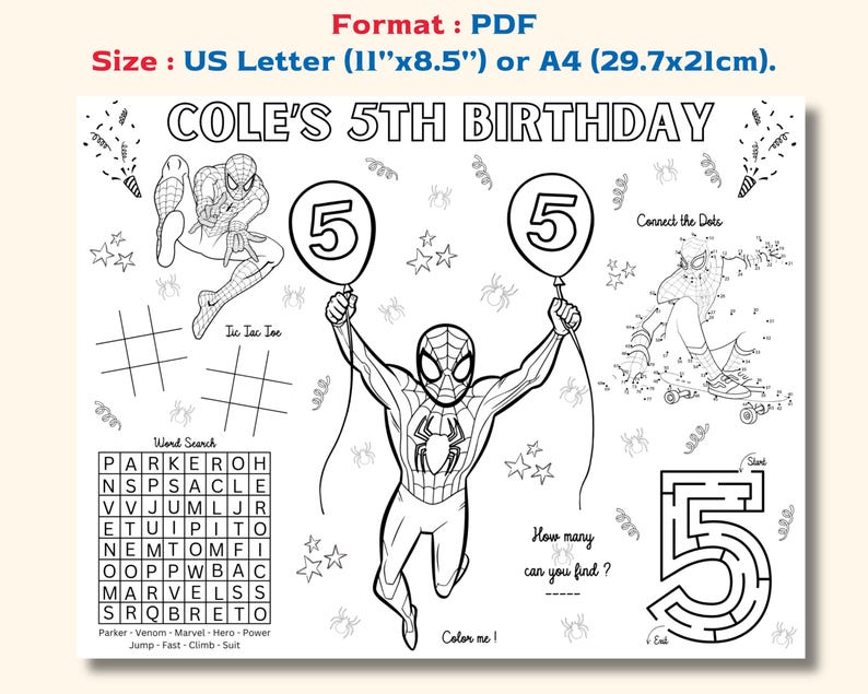 Custom Spiderman Birthday Coloring Placemat : Personalized Party ...