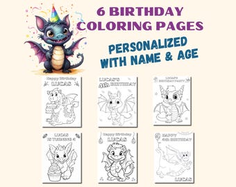 May include: Six birthday coloring pages featuring dragon illustrations, personalized with a name and age. The pages include the text "Happy Birthday" and "Lucas", with additional text indicating the age of the birthday person.