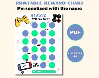 May include: A printable reward chart with the text "PRINTABLE REWARD CHART Personalized with the name ALEXIS YOU CAN DO IT!" The chart features a game controller, a handheld game console, and colorful circles.