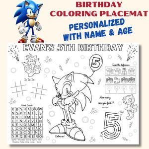 Peut inclure: Un set de table de coloriage d'anniversaire personnalisé avec le texte "EVAN'S 5TH BIRTHDAY". Le set de table comprend un personnage de Sonic le hérisson, une recherche de mots, un labyrinthe et d'autres activités. Le haut du set de table indique "BIRTHDAY COLORING PLACEMAT PERSONALIZED WITH NAME & AGE".