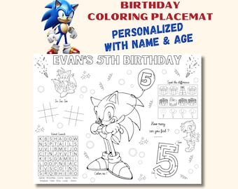 May include: A personalized birthday coloring placemat featuring the text "EVAN'S 5TH BIRTHDAY". The placemat includes a Sonic the Hedgehog character, a word search, a maze, and other activities. The top of the placemat reads "BIRTHDAY COLORING PLACEMAT PERSONALIZED WITH NAME & AGE".