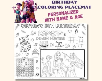 May include: A personalized birthday coloring placemat featuring a K-Pop theme. The placemat includes the text "SOPHIA'S 5TH BIRTHDAY" and various activities such as a maze, word search, and tic-tac-toe. The design incorporates musical notes, stars, and a cartoon cat.