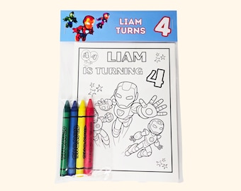 May include: A coloring activity set in a clear plastic sleeve featuring a header that reads LIAM TURNS 4. The set includes a coloring page with line art of armored characters, stars, and the text LIAM IS TURNING 4, plus four wax crayons in green, blue, yellow, and red.