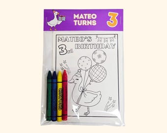 May include: A clear plastic bag containing a coloring page and four crayons. The page features a duck with balloons and the text MATEO'S 3rd BIRTHDAY. The purple header displays a duck, the text MATEO TURNS 3, and a large orange number 3.