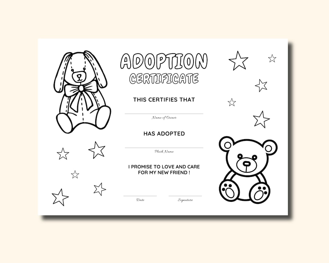 Plush Adoption Certificate Coloring Pages : Stuffed Animal Gift (PDF ...