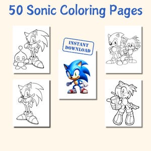 以下が含まれることがあります： ソニック・ザ・ヘッジホッグのキャラクターが登場する、印刷可能な塗り絵が5ページあります。ページには、ソニック、テイルス、エイミー・ローズの線画が含まれています。「50 Sonic Coloring Pages」というテキストが上部にあり、「Instant Download」のスタンプがあります。
