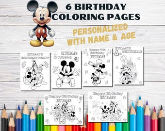 Personalized Mickey Birthday Coloring Pages : Set of 6 (PDF)