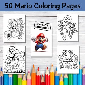 50 枚のマリオぬりえ、子供向け漫画ぬりえ、印刷可能なぬりえ、子供向けアクティビティ、誕生日アクティビティ、ぬりえブック