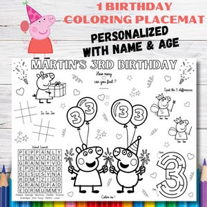 Customizable Peppa Pig Birthday Coloring Placemat, Birthday coloring pages, Placemat for birthday party, Party placemat