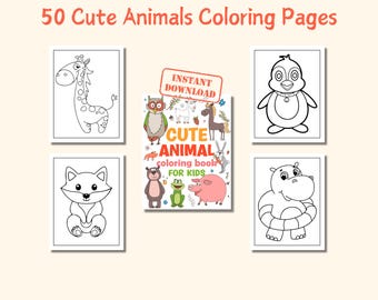 50 Pages de Coloriage d'Animaux Mignons pour enfants, Livre de coloriage d'Animaux à imprimer, Activité de coloriage, Coloriage facile, PDF