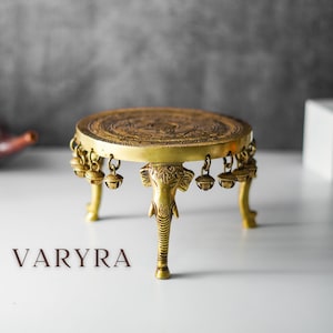 Idol Chowki Traditional Indian, Ganesh sculpted design with bells, Decorative stand for keeping God Idols, Brass, Antique Golden