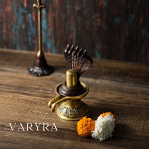 Shivling with Holy Snake, Puja Home Decor, Brass Shiva Lingam, Antique Style Indian Handicraft