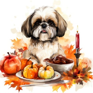 Clipart de chien Shih Tzu, thèmes de Thanksgiving, Clipart de scènes de dîner en famille, dessins pour chapeau, autocollant numérique pour le bureau