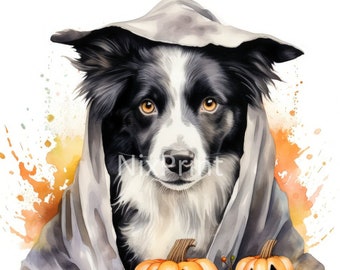 Border Collie Dog, Spooky Halloween Clipart, Ghost Theme, Art for