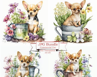 Chihuahua Puppy Clipart - High Quality JPGs - Commercial Use - Digital Image Downloads, Full Commercial Use, Spring Flowers, Gardening Theme