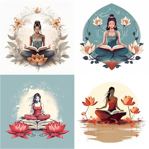 Yoga vrouw lotusbloem clipart, kunst aan de muur voor Womens badkamer, poster voor kinderen, clipart voor een tuinman, digitale sticker voor Kindle