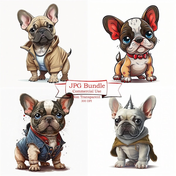 French Bulldog Clipart Collection -French Bulldog in Colorful dresses Digital Image Downloads, High Quality JPGs, 300 DPI, Commercial Use.