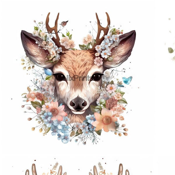 3D Deer with Flower Background Clipart, Cute Sublimation, JPG Format,Digital Paper Crafting, Digital Planner, POD Designs, Digital Stickers.