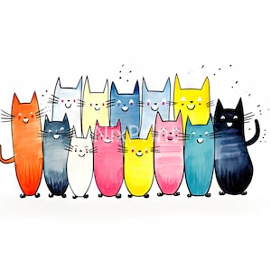 Happy Cats Clipart, minimalistische negatieve ruimte clipart, kunst voor de gang, ambacht te koop, achtergrond voor plank, digitale sticker voor leraar