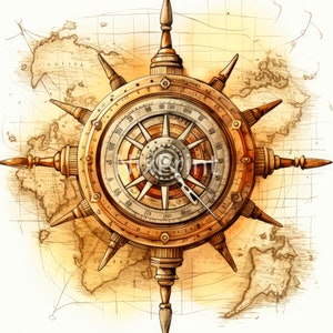 Vintage Schiff Helm Clipart, Schatz Karte Clipart, Design für Jordan, Design für Pod, Clip Art für Zeitschriften, Druck für Lehrer,quick download