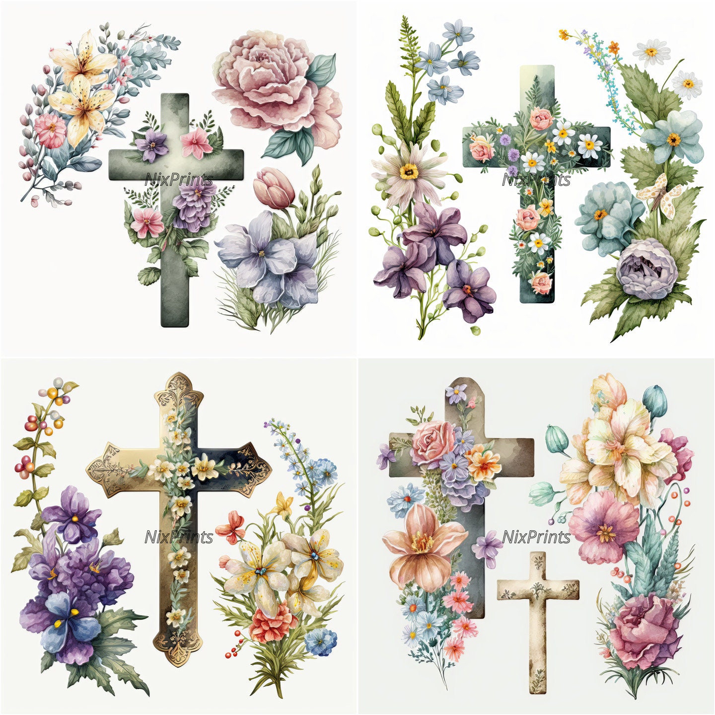 Floral Easter Cross Clipart Beautiful Spring Flowers Etsy