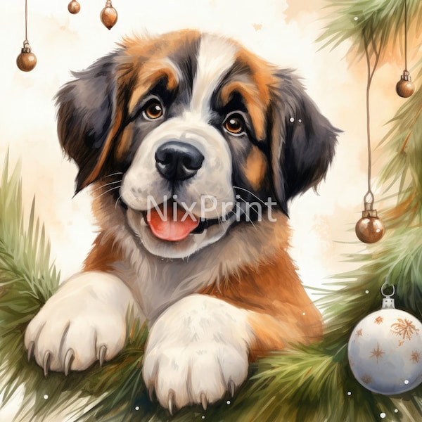 Saint Bernard Christmas Clipart, St. Bernard Christmas Tree Clipart, Dog Painting, Dog Printable Wall Art, St Bernard Clipart