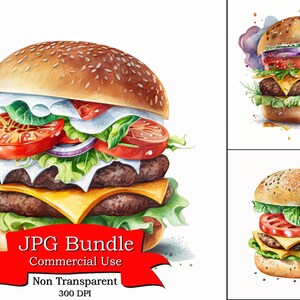 Hamburger Clipart:Juicy Watercolor Burger Clipart with Non-Transparent Background,Ideal for Food-Themed Creative Designs Commercial Use