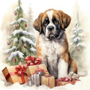 Christmas Saint Bernard Puppy Clipart, Wrapped in Colorful Christmas Lights Clipart, St Bernard Dog Clipart, Dog Printable Wall Art