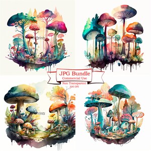 Colección de bosque de hongos coloridos: diseños de imágenes prediseñadas caprichosas, libros infantiles, arte de pared, pegatinas digitales, proyectos de bricolaje, uso comercial