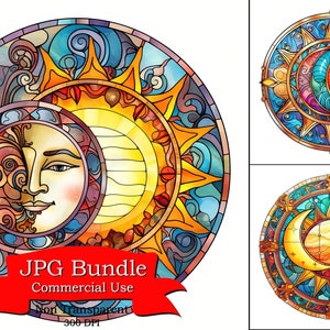 Runde Glasmalerei Mond und Sonne Clipart, Kunstwerk, Bunte Sublimation, JPG-Format, Digital Paper Crafting, Digital Planner, POD Designs.