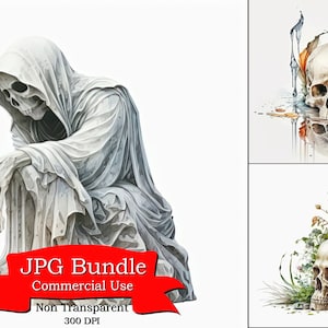 Évocateur aquarelle mort thème Clipart, Grim Reaper Clipart, 300 DPI, fond Non transparent, téléchargement numérique, usage Commercial