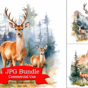 Aquarell Hirsch Familie Clipart, Bergwald Clipart, Kunst für Kinderzimmer, Kunst für Website, Designs für Tasche, digitale Bilder herunterladen.