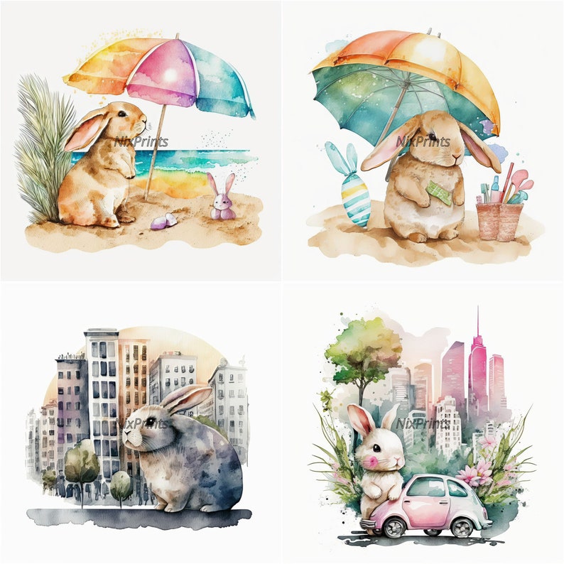 Bunny Beach Vacation, Modern City Life, Summer Fun Clipart - Vibrant ...