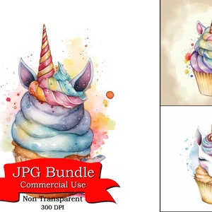 Cupcake Clipart, Cupcake met Unicorn Horn, Oren, Candy Sprinkles, Gedempte Rainbow Frosting, Digitale Download, Commercieel Gebruik, 300 DPI