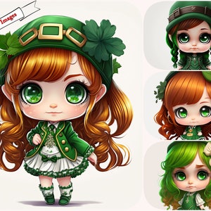 Pacote de clipart bonito de gráficos de menina do Dia de São Patrício, menina verde irlandesa lindo pacote de clipart de aquarela para artesanato, JPG de alta resolução.