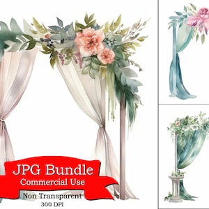 Watercolor Wedding Arch with Curtain on White Background: Elegant and Dreamy Clipart Design for Wedding-Themed Projects, 300 DPI
