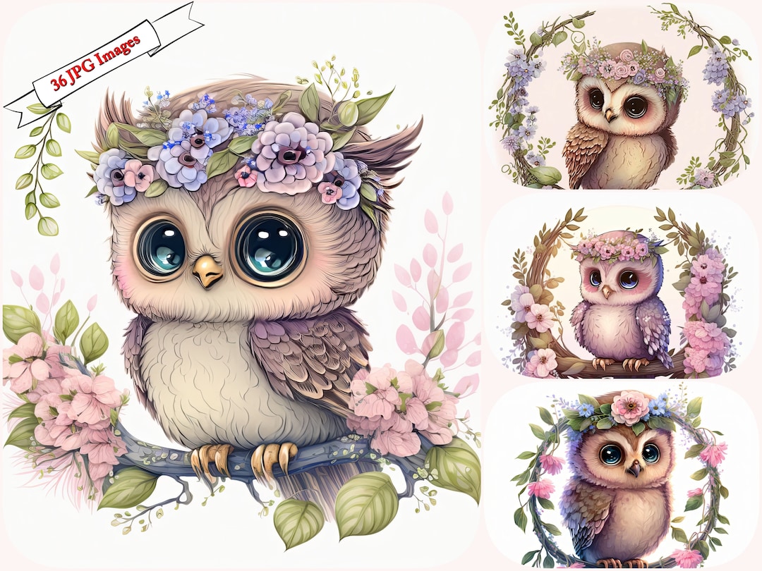 Whimsical and Nordic Pastel Color Owl With Flowers Clipart Set With ...