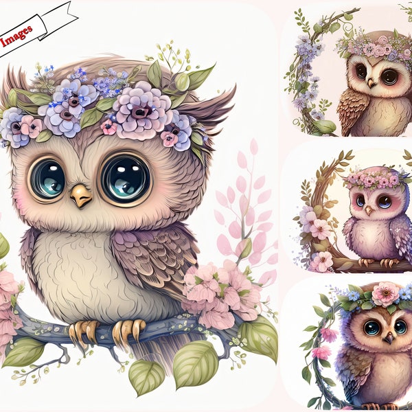 Whimsical and Nordic pastel color Owl with flowers Clipart Set with Watercolor Cliparts for Download, Cute Owl Set, kids nursery
